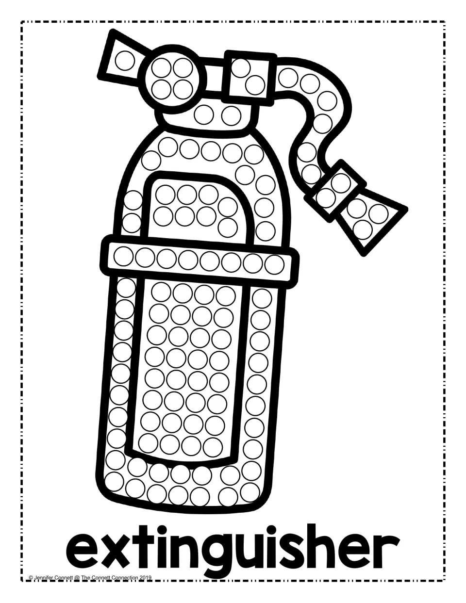 Fire extinguisher dot painting labeled "extinguisher": students dab dots on the tank, handle and hose of the tool