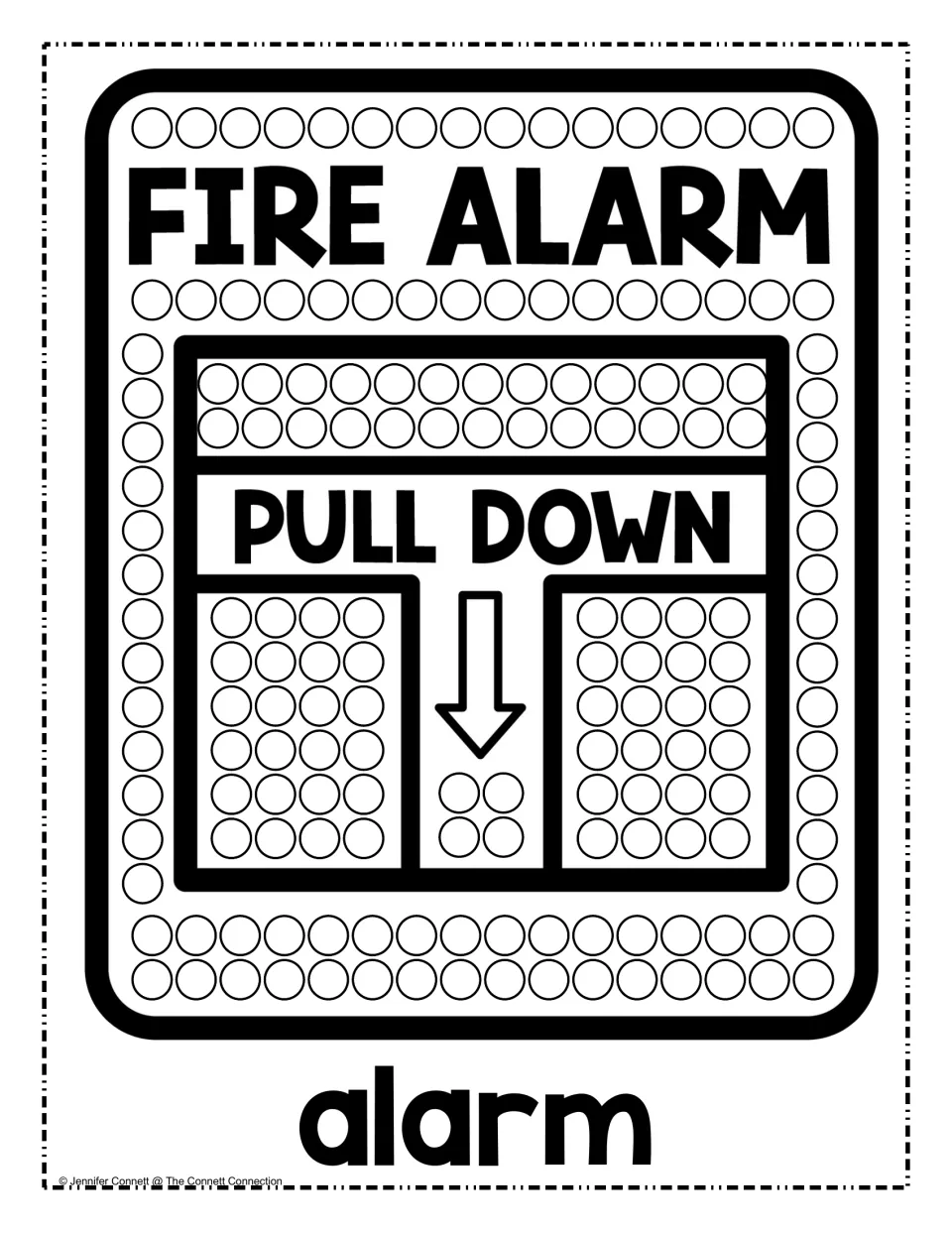 Fire alarm pull station dot painting reading FIRE ALARM and PULL DOWN: students dot every circle around the arrow