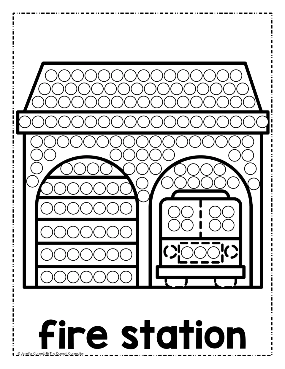 Fire station dot painting: students dab dots on the roof, walls and arched garage doors, one holding a fire truck