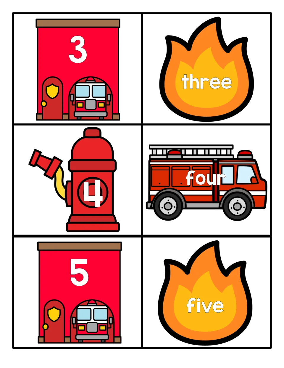 Numbers 3 to 5: students match numeral cards on fire stations and a hydrant to word cards reading three, four and five