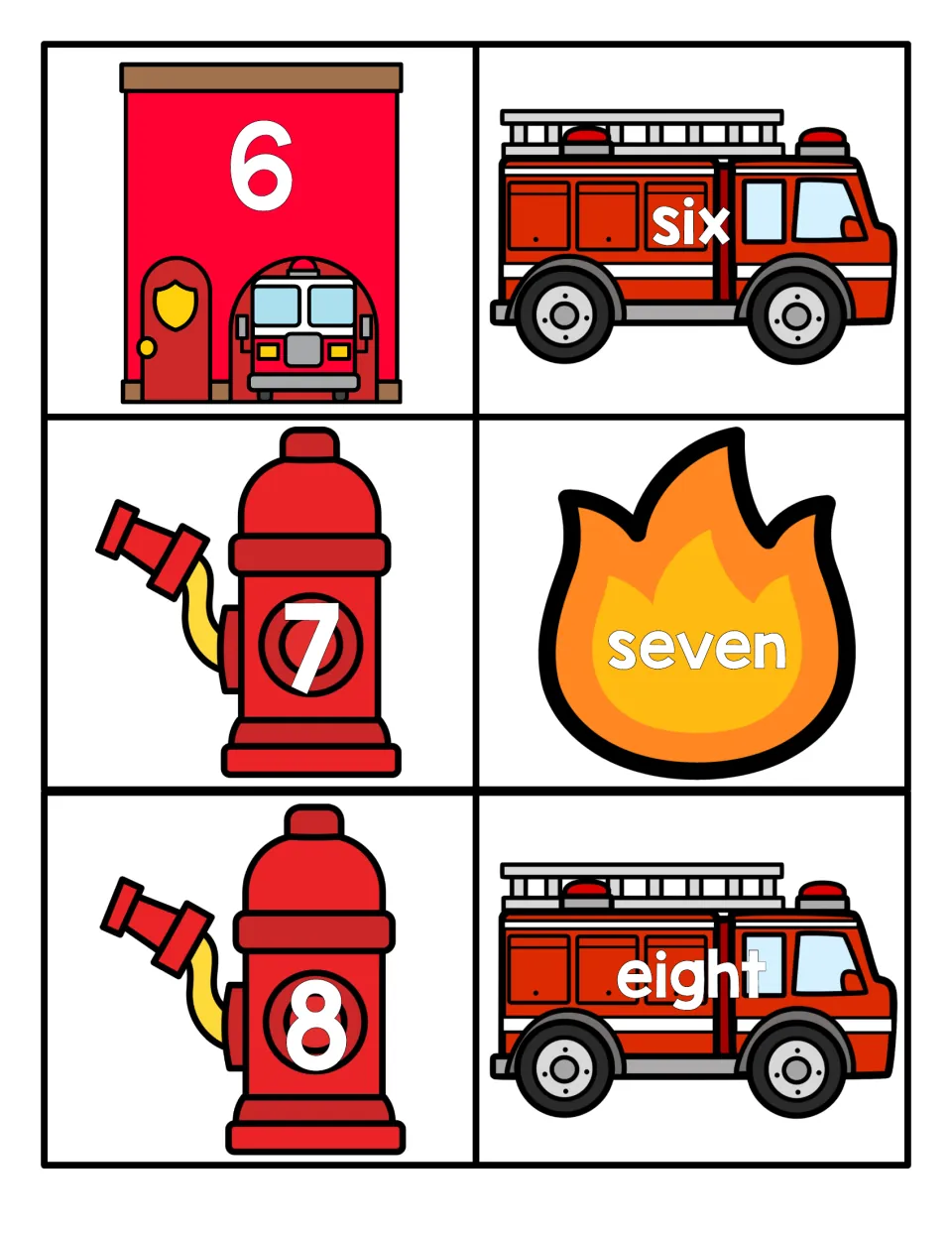 Numbers 6 to 8: numerals on a fire station and two hydrants pair with fire truck and flame cards reading six, seven, eight