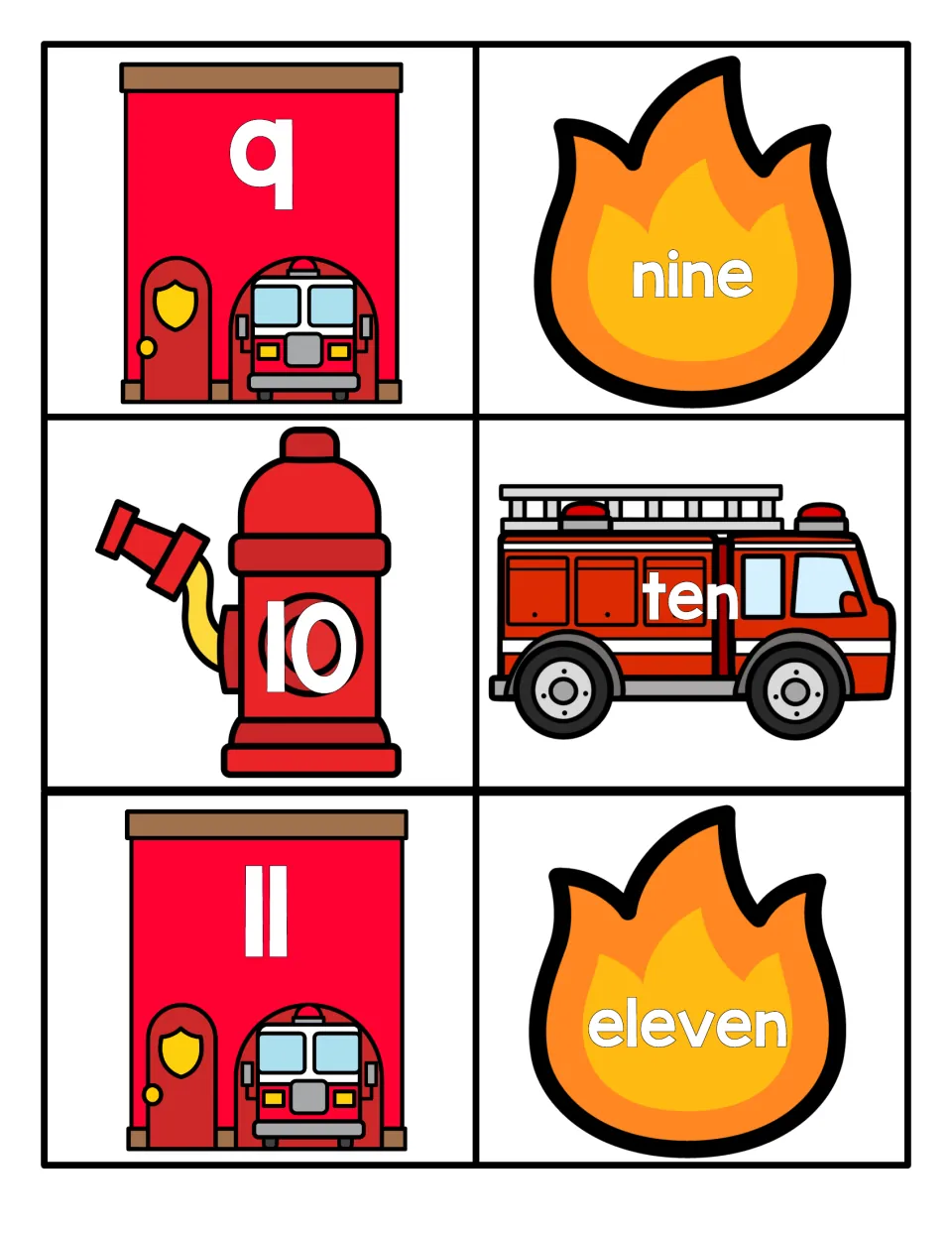 Numbers 9 to 11: students pair numeral cards on fire stations and a hydrant with number words nine, ten and eleven