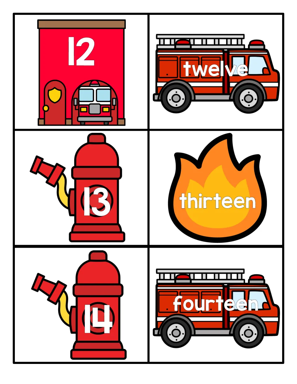 Teen numbers 12 to 14: match numerals on a fire station and hydrants to word cards twelve, thirteen and fourteen