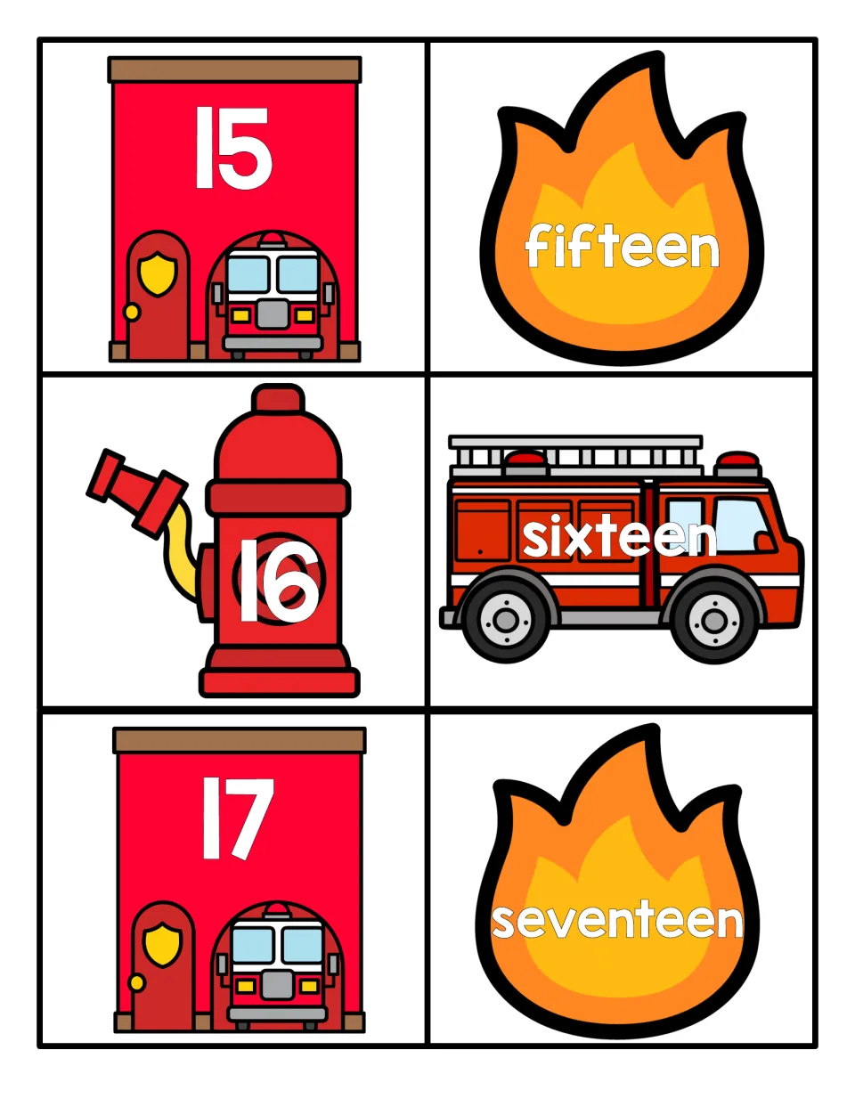 Teen numbers 15 to 17: numeral cards on fire stations and a hydrant to match with fifteen, sixteen and seventeen cards