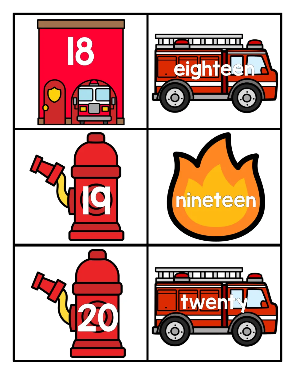 Numbers 18 to 20: students match numerals on a fire station and hydrants to word cards eighteen, nineteen and twenty