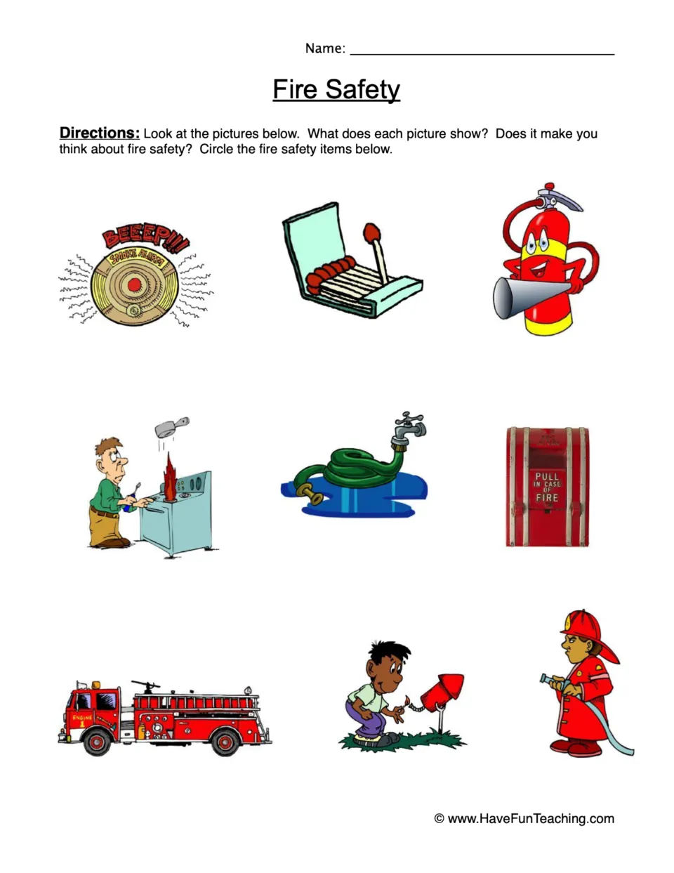 Fire safety picture hunt: students circle safety items like a smoke alarm, extinguisher and fire truck among nine pictures