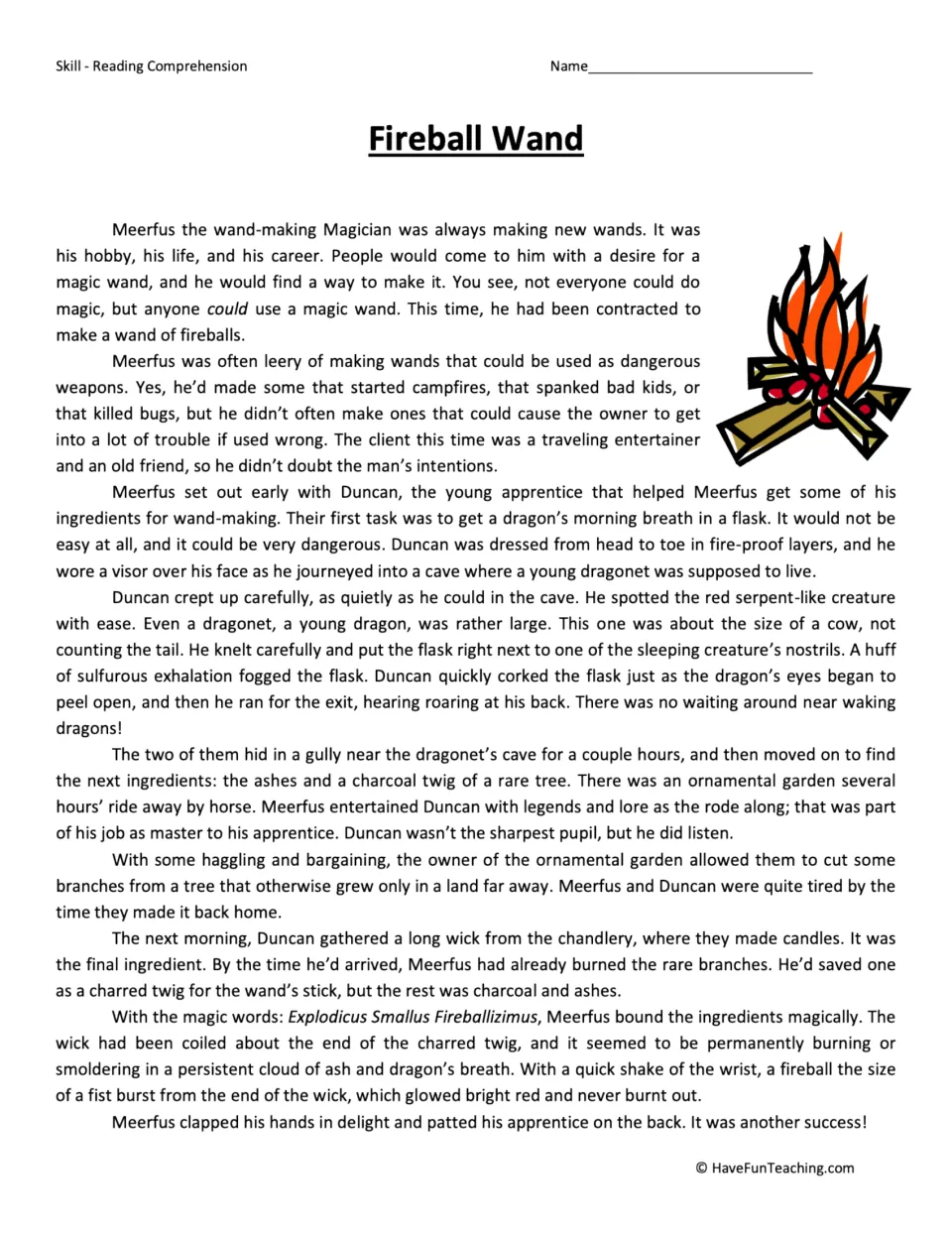 Reading passage about Meerfus and his apprentice Duncan gathering ingredients to make a wand that shoots fireballs.