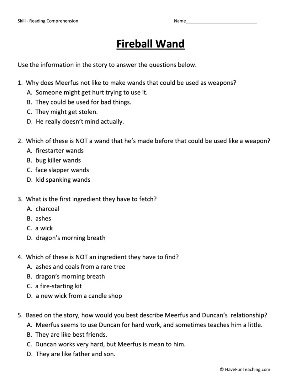 Five multiple-choice questions about the magician's concerns, wand ingredients, and his bond with Duncan.