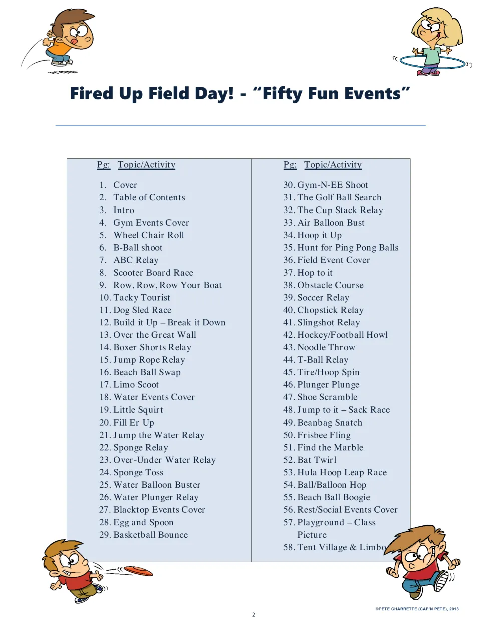 Table of contents listing 58 pages of field day events grouped under Gym, Water, Blacktop, Field and Rest/Social covers