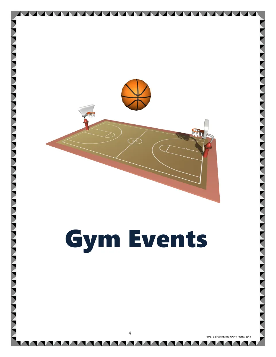 Gym Events section divider showing a basketball floating above an illustrated indoor basketball court with two hoops