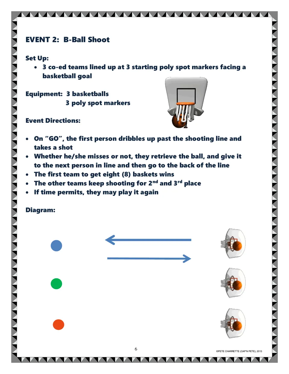 Event 2 B-Ball Shoot: teams dribble up, shoot and pass the ball back; the first team to make eight baskets wins