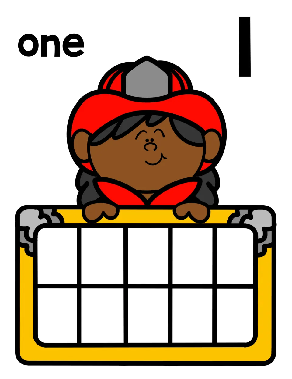 Number 1 counting mat: the word one and numeral 1 above a firefighter holding an empty ten frame for placing 1 counter