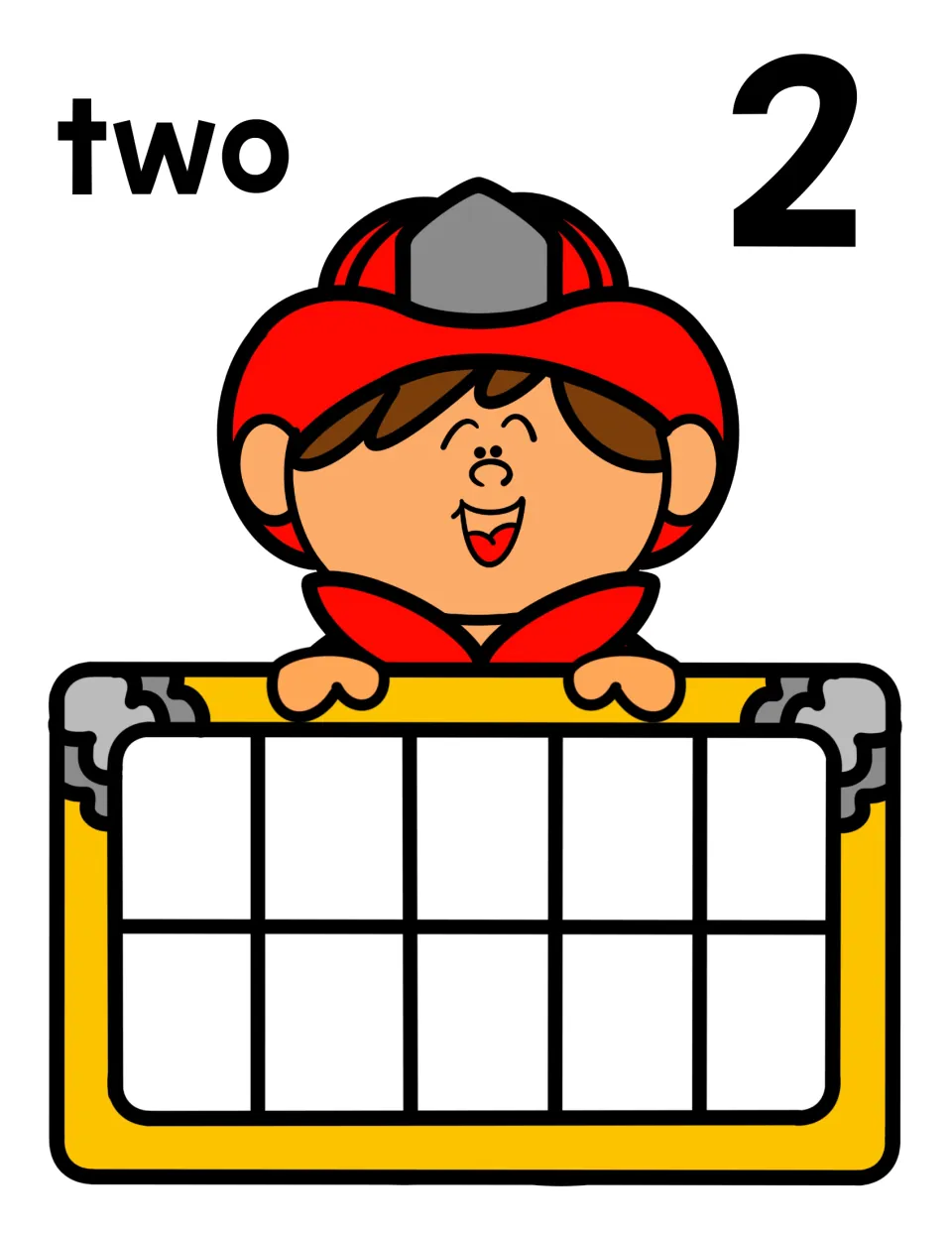 Number 2 mat: the word two and numeral 2 with a smiling firefighter over an empty ten frame where students place 2 counters