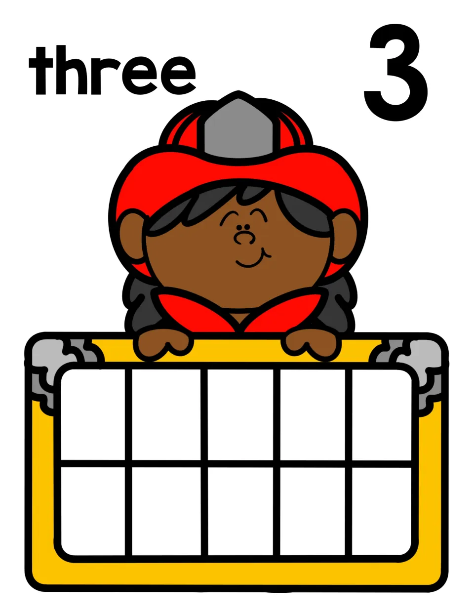 Counting to 3: the word three and numeral 3 with a firefighter above an empty ten frame for showing three objects