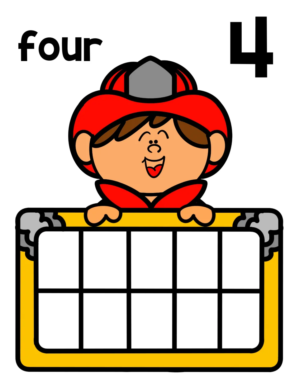 Number 4 mat: the word four and numeral 4 over a firefighter and empty ten frame for counting out four manipulatives