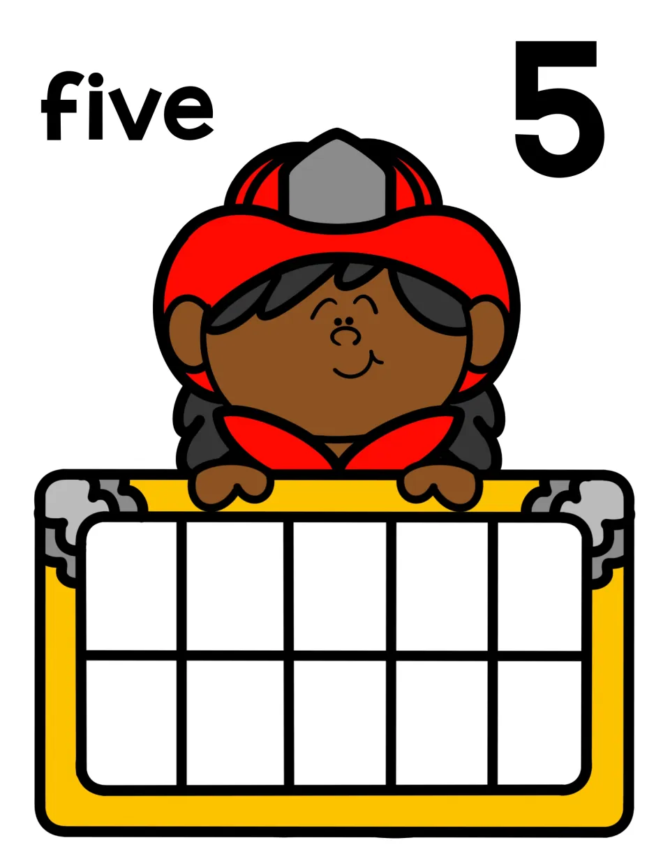 Number 5 mat: the word five and numeral 5 with a firefighter holding an empty ten frame for placing five counters