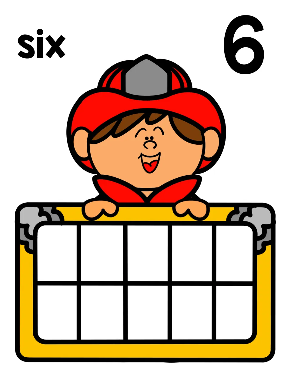 Counting to 6: the word six and numeral 6 with a cheerful firefighter over an empty ten frame for placing six counters