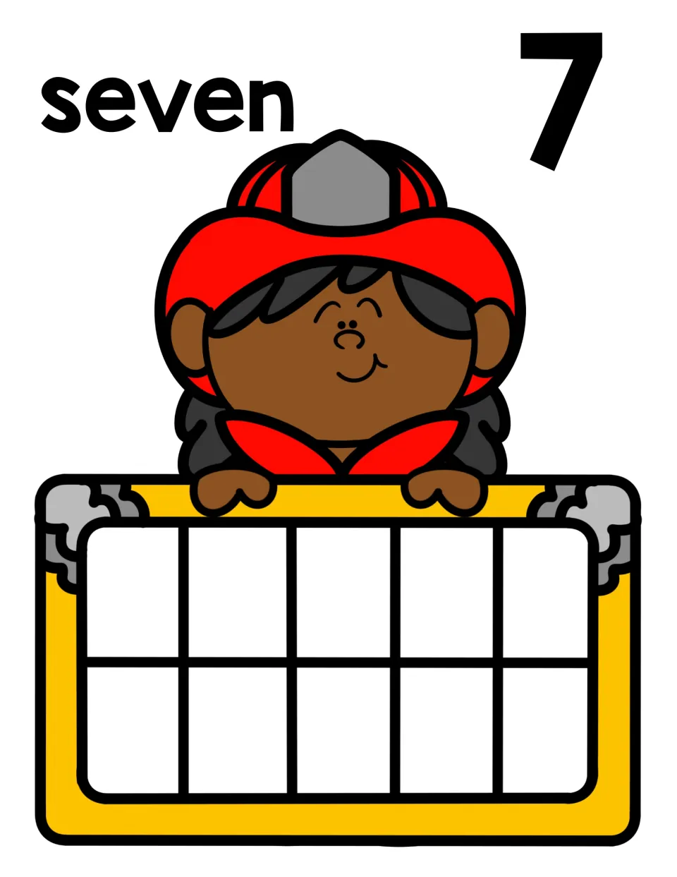 Number 7 mat: the word seven and numeral 7 above a firefighter and an empty ten frame for counting out seven objects
