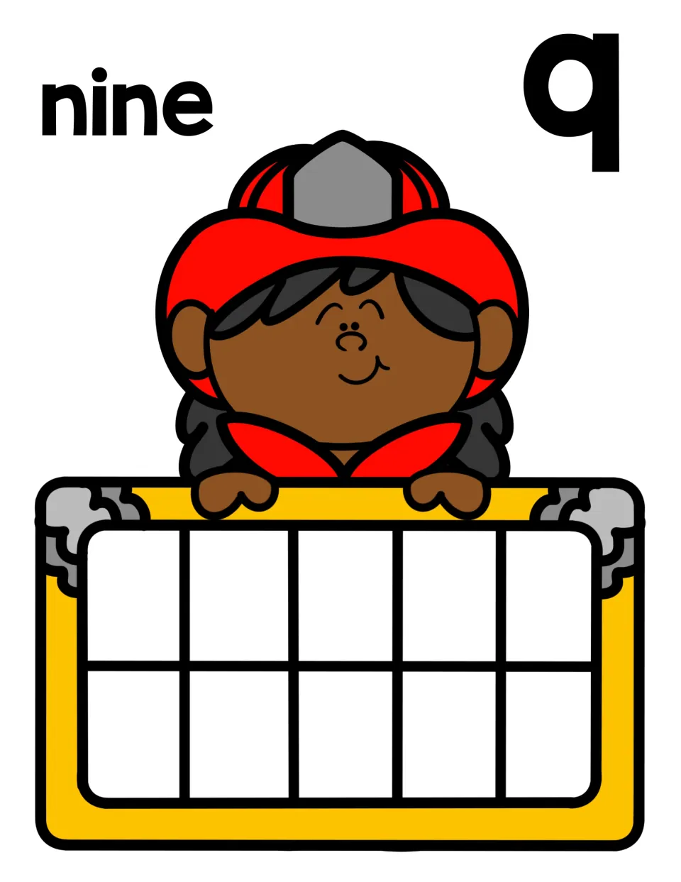 Number 9 mat: the word nine and numeral 9 with a firefighter holding an empty ten frame for placing nine counters