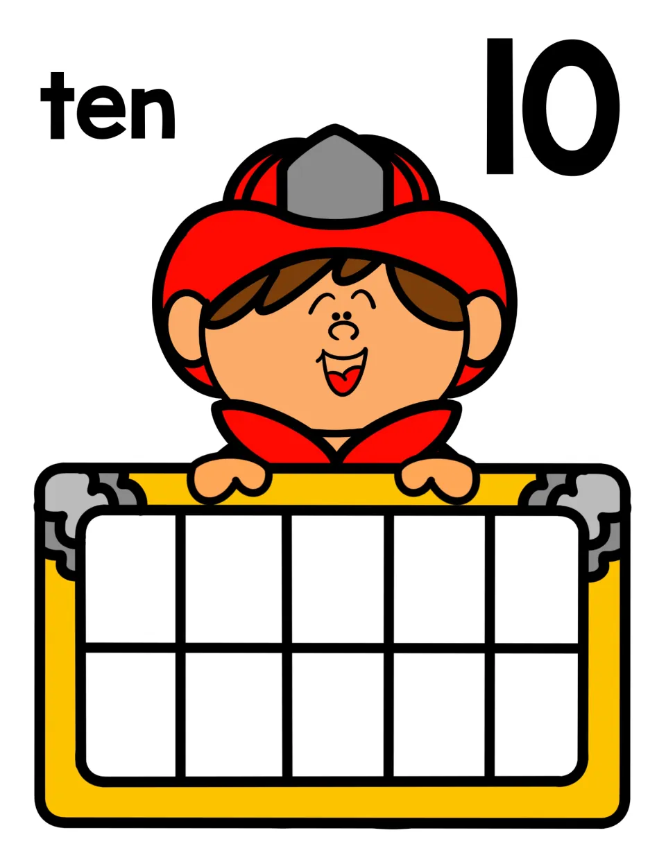Number 10 mat: the word ten and numeral 10 with a smiling firefighter above an empty ten frame that ten counters fill