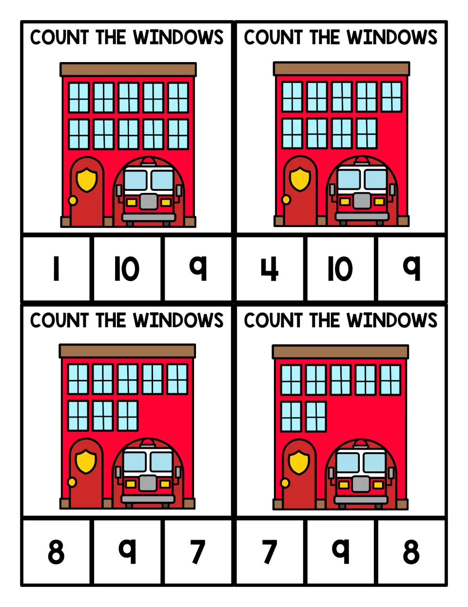 Count the windows: students count 10, 9, 8 and 7 windows on red fire stations and clip the matching numeral