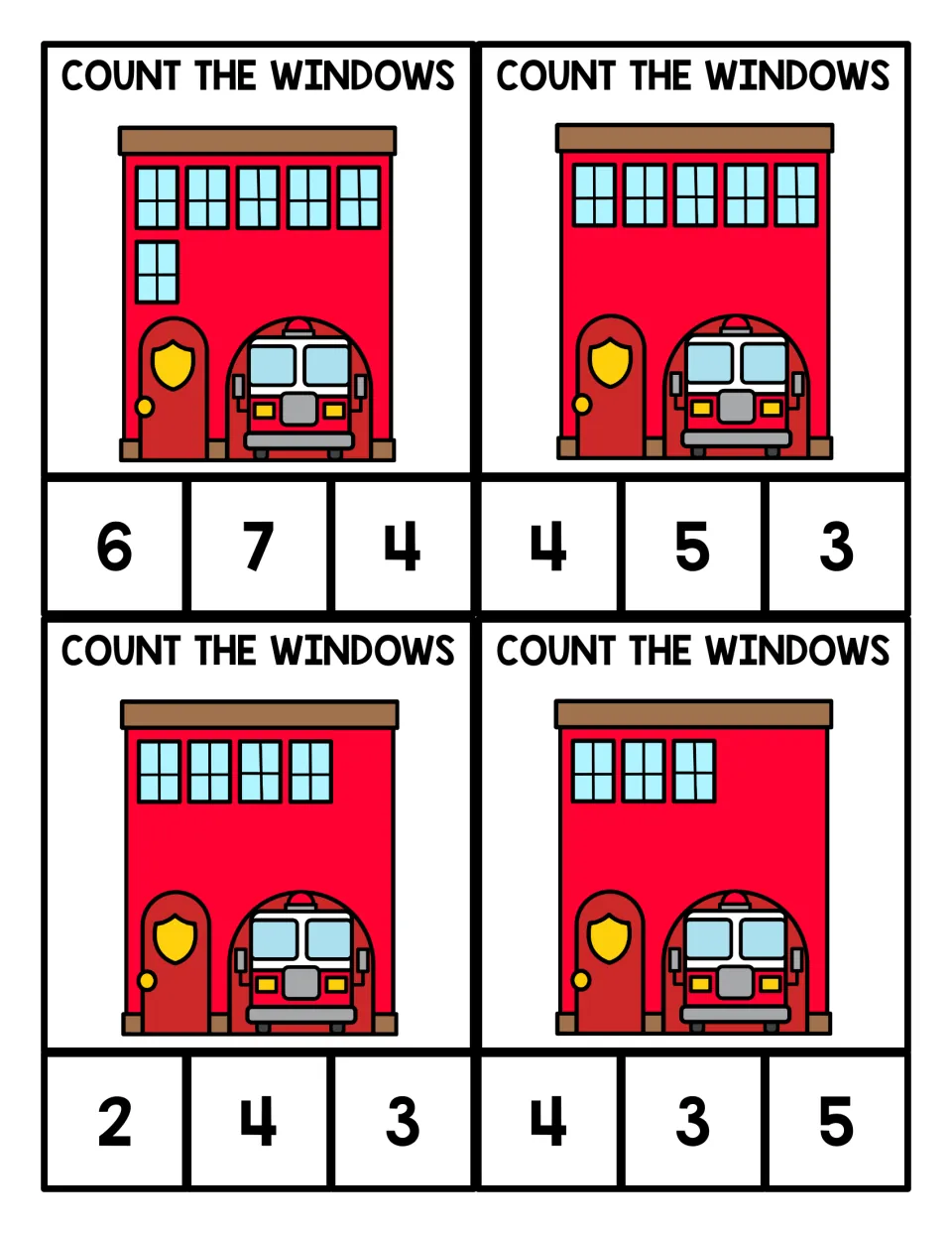 Fire station window counting: students count 6, 5, 4 and 3 windows on each card and clip the right numeral from three