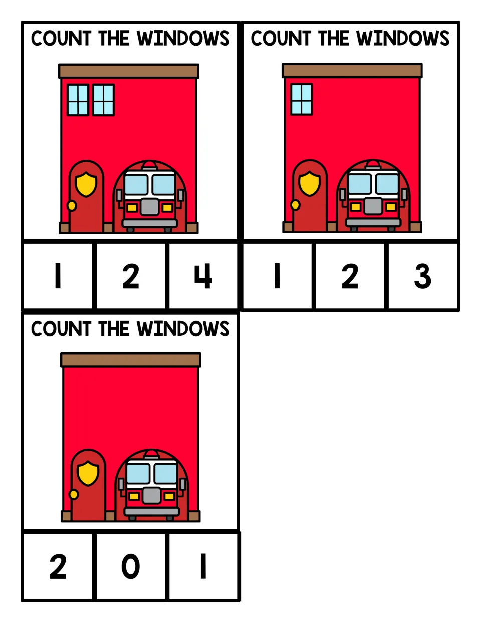 Counting to zero: students count 2 windows, 1 window and no windows on fire station cards and clip 2, 1 or 0