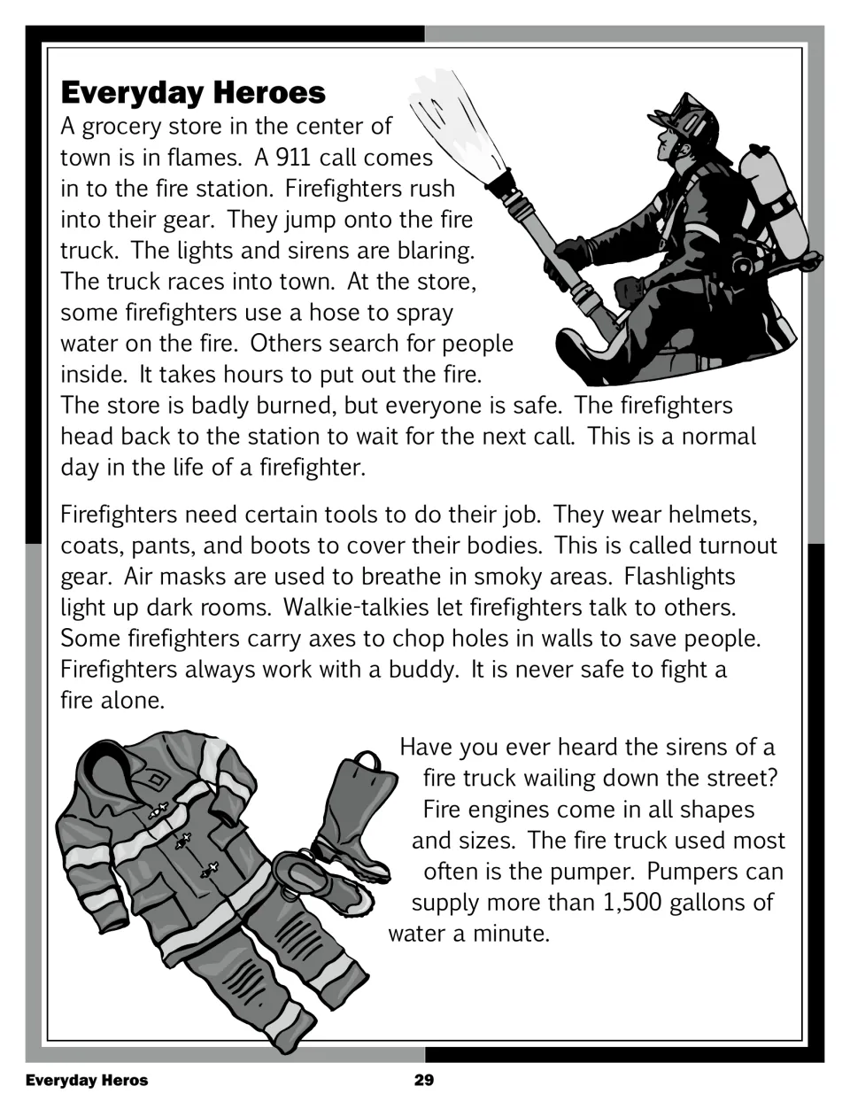 Reading passage part 1, 'Everyday Heroes': a grocery store fire, turnout gear, firefighter tools and pumper trucks