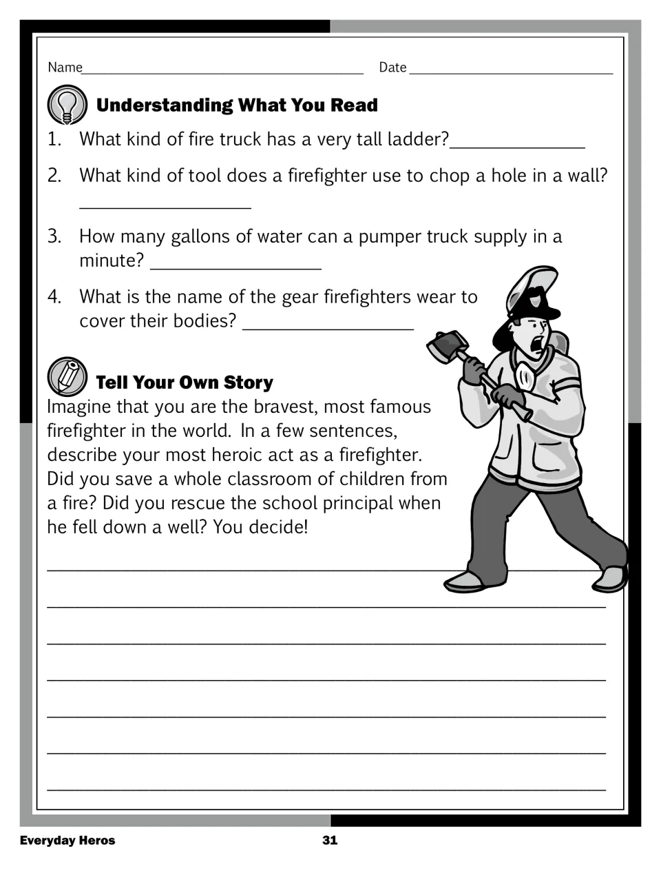 'Understanding What You Read' questions on fire trucks, axes and turnout gear, plus a 'Tell Your Own Story' prompt