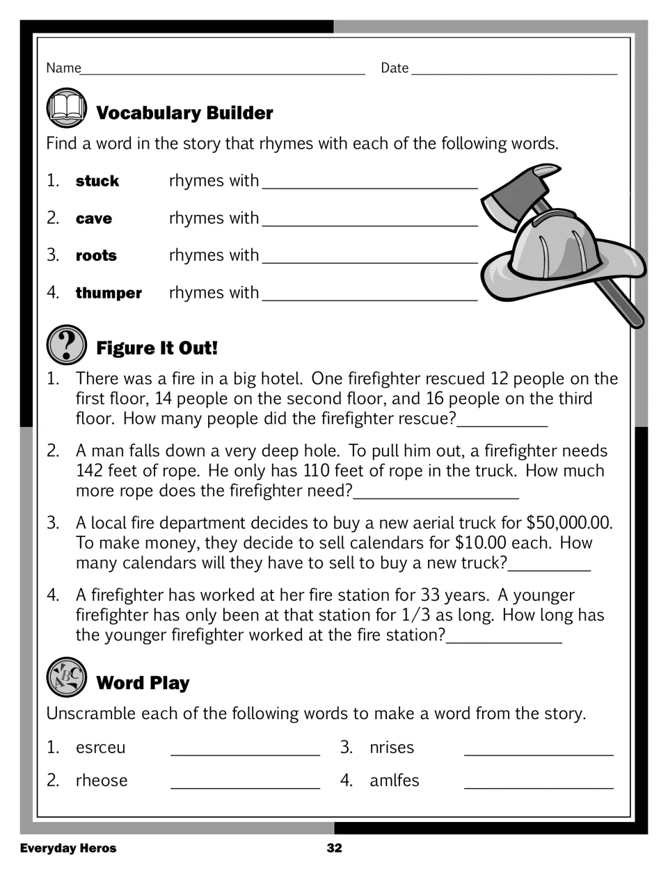 Rhyming words (stuck, cave, roots), firefighter word problems and four scrambled words such as esrceu and rheose