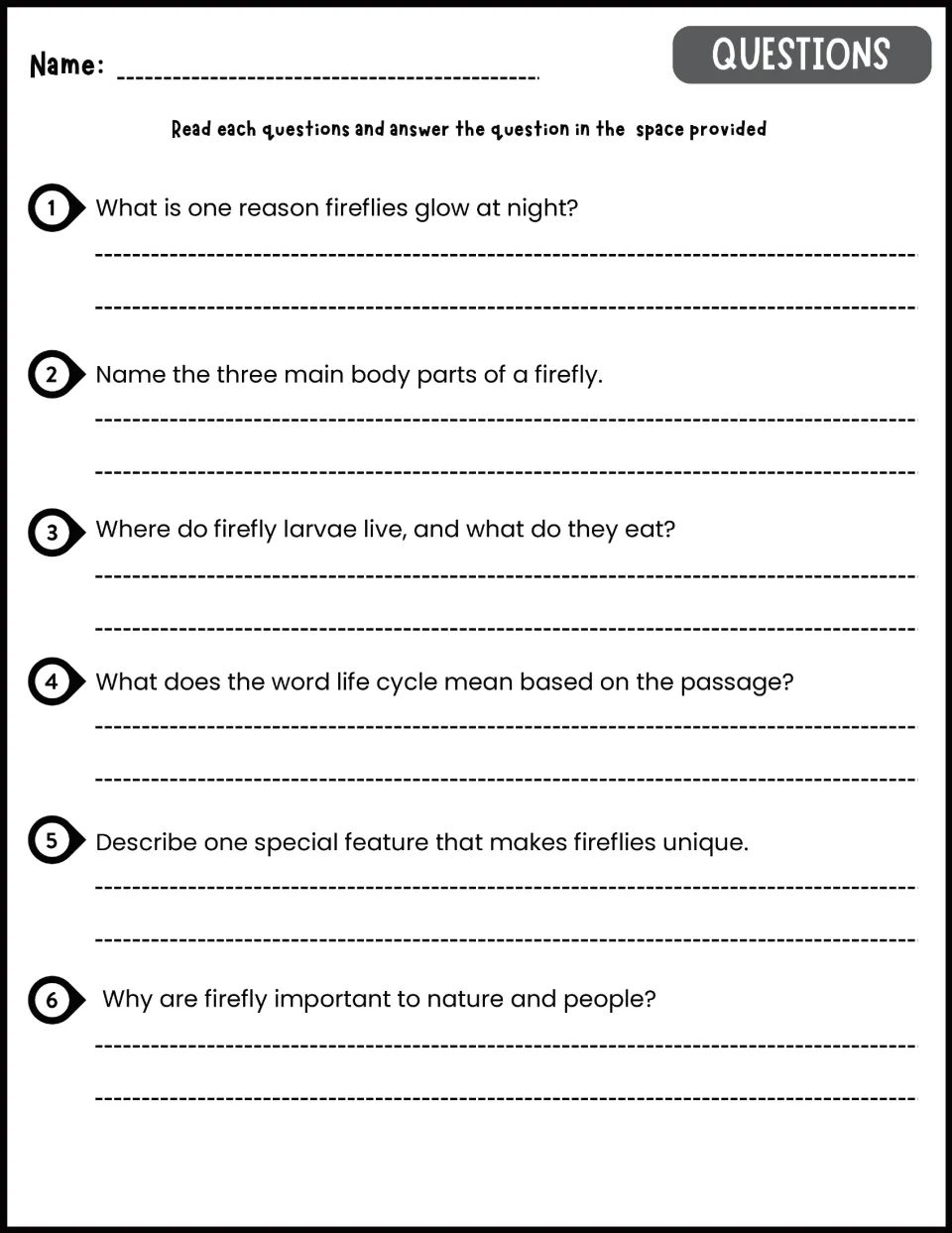 Six firefly comprehension questions about glowing, body parts, larvae, life cycles, and importance to nature