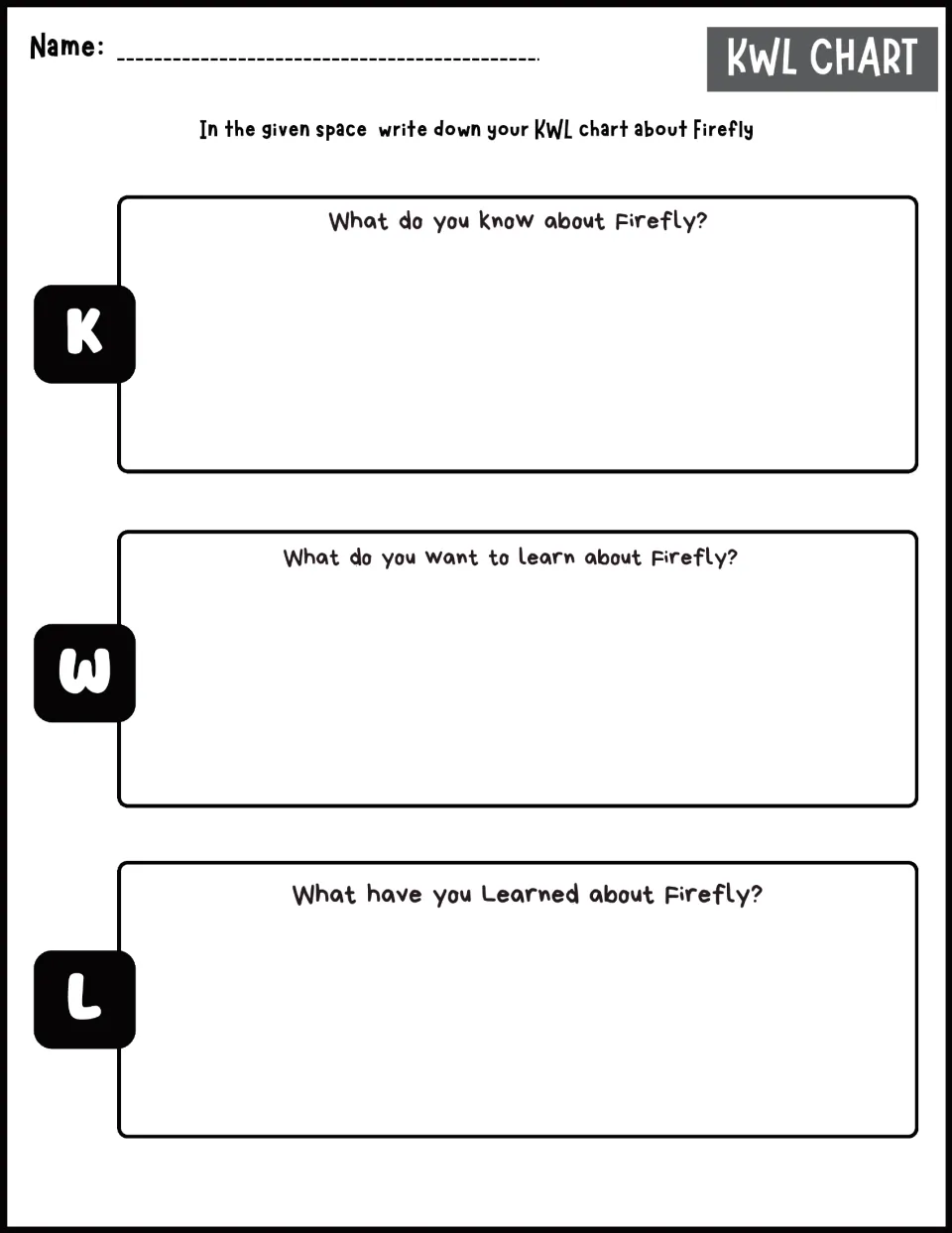 Firefly KWL chart asking what students know, what they want to learn, and what they have learned about fireflies