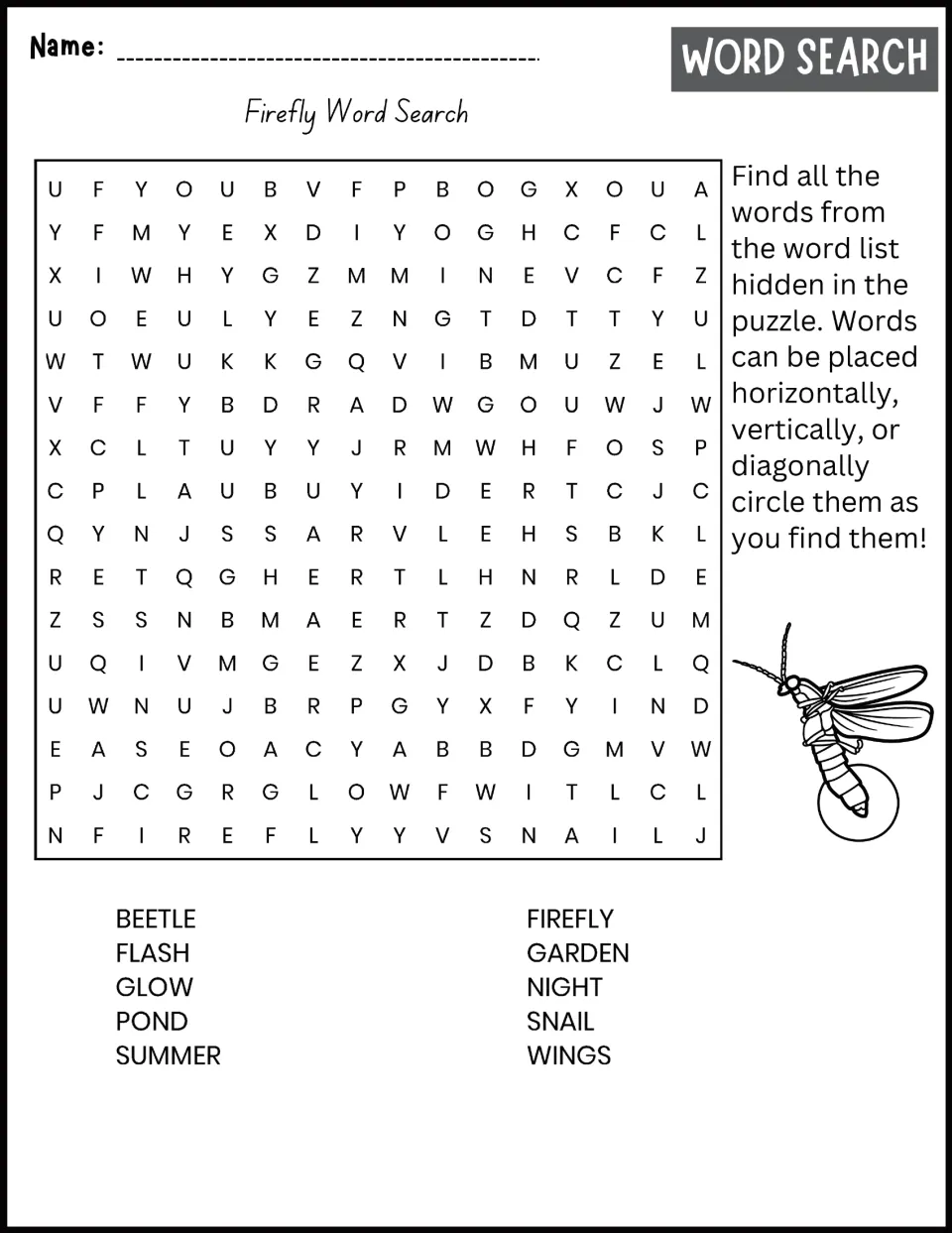 Firefly word search featuring beetle, flash, glow, pond, summer, firefly, garden, night, snail, and wings