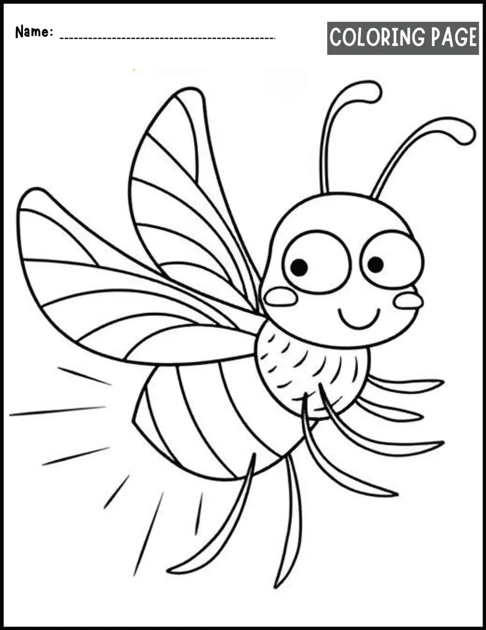 Firefly coloring activity in the reading packet, featuring a smiling insect with wings and a glowing abdomen