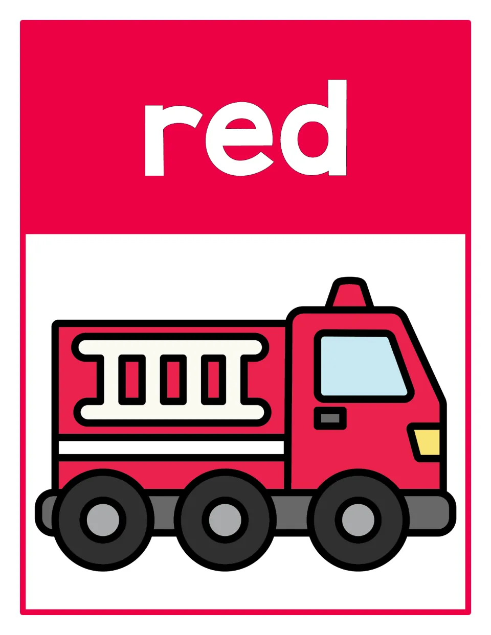 Color poster 1: the word 'red' and a red firetruck, part of a classroom display for color recognition.