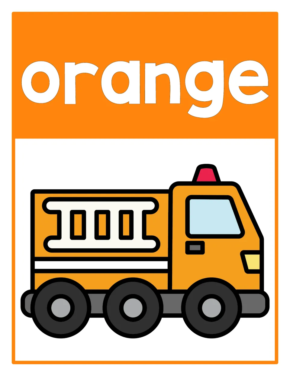 Color poster 2: the word 'orange' and an orange firetruck, part of a classroom display for color recognition.