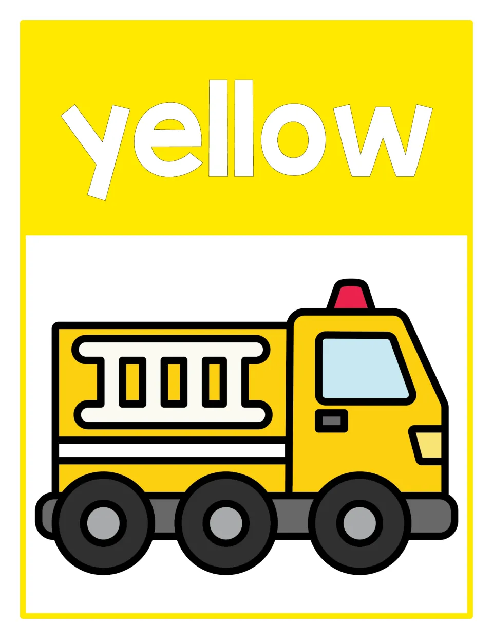 Color poster 3: the word 'yellow' and a yellow firetruck, part of a classroom display for color recognition.