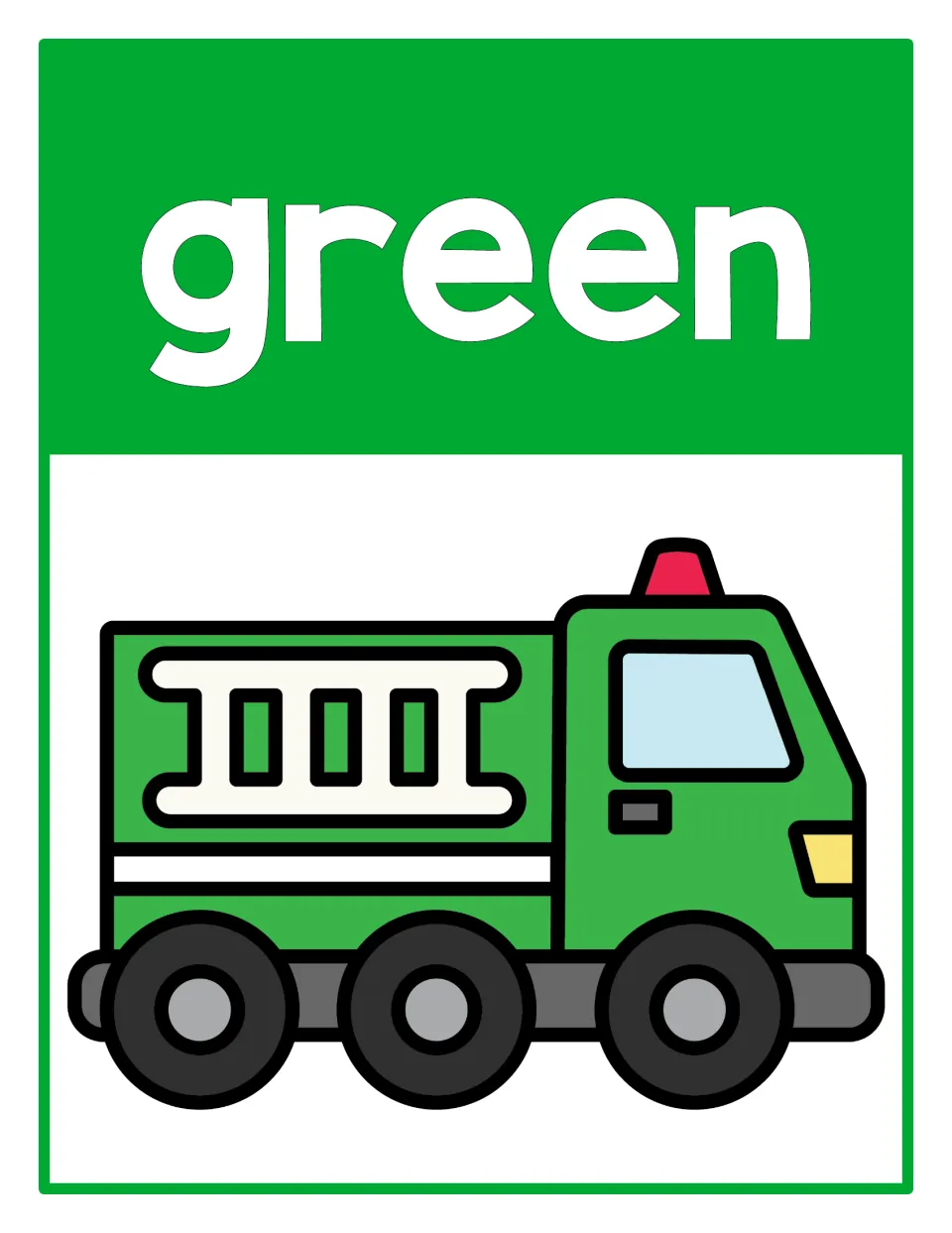 Color poster 4: the word 'green' and a green firetruck, part of a classroom display for color recognition.