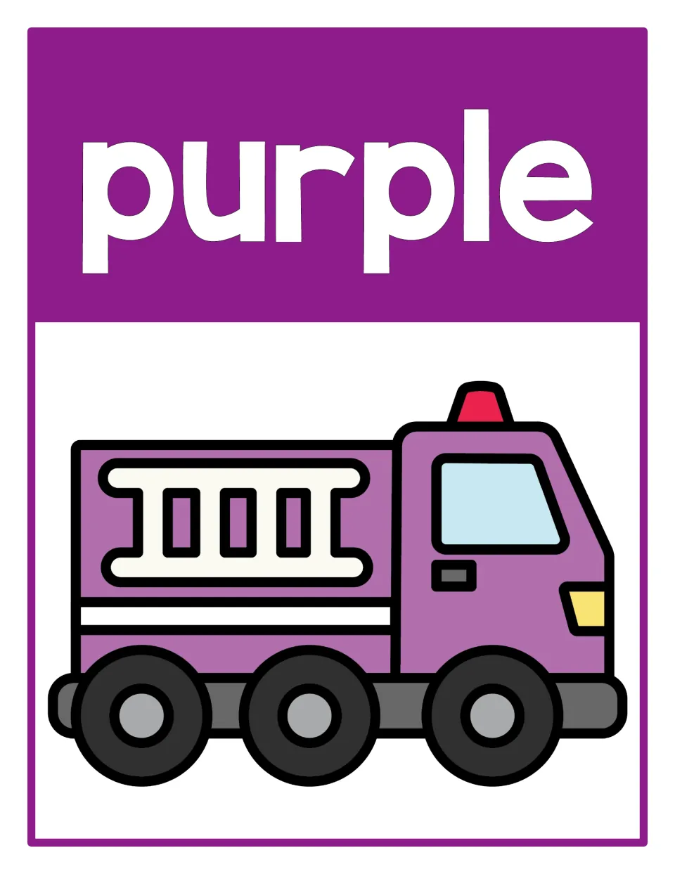 Color poster 6: the word 'purple' and a purple firetruck, part of a classroom display for color recognition.