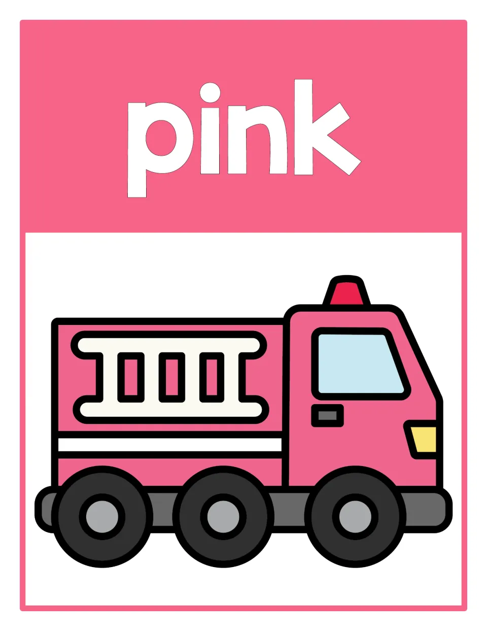 Color poster 7: the word 'pink' and a pink firetruck, part of a classroom display for color recognition.