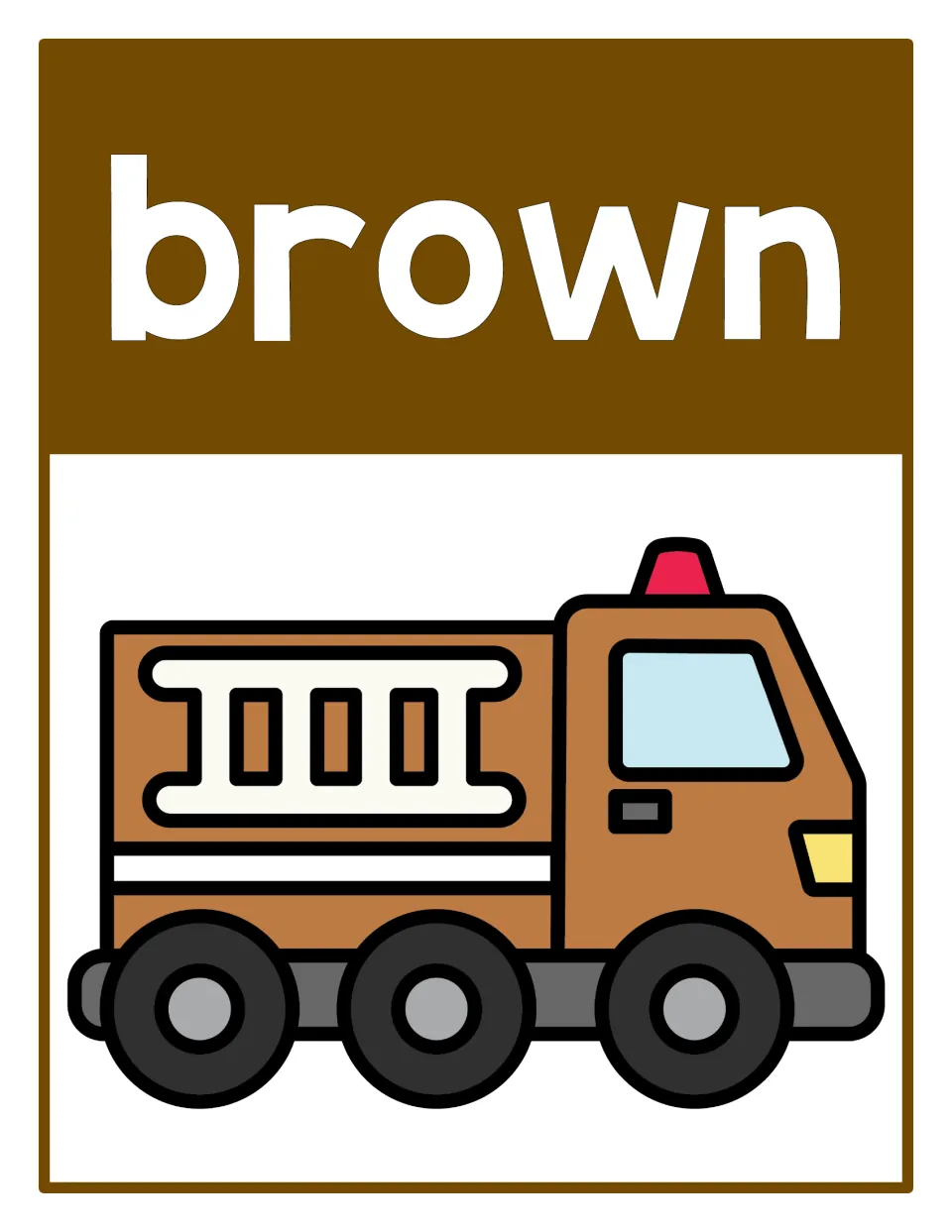 Color poster 8: the word 'brown' and a brown firetruck, part of a classroom display for color recognition.