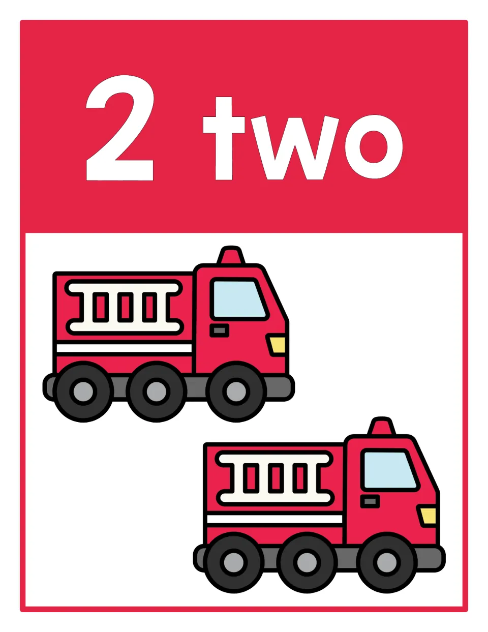 Counting poster 2 of 10: numeral 2, number word 'two,' and two firetrucks representing the quantity.