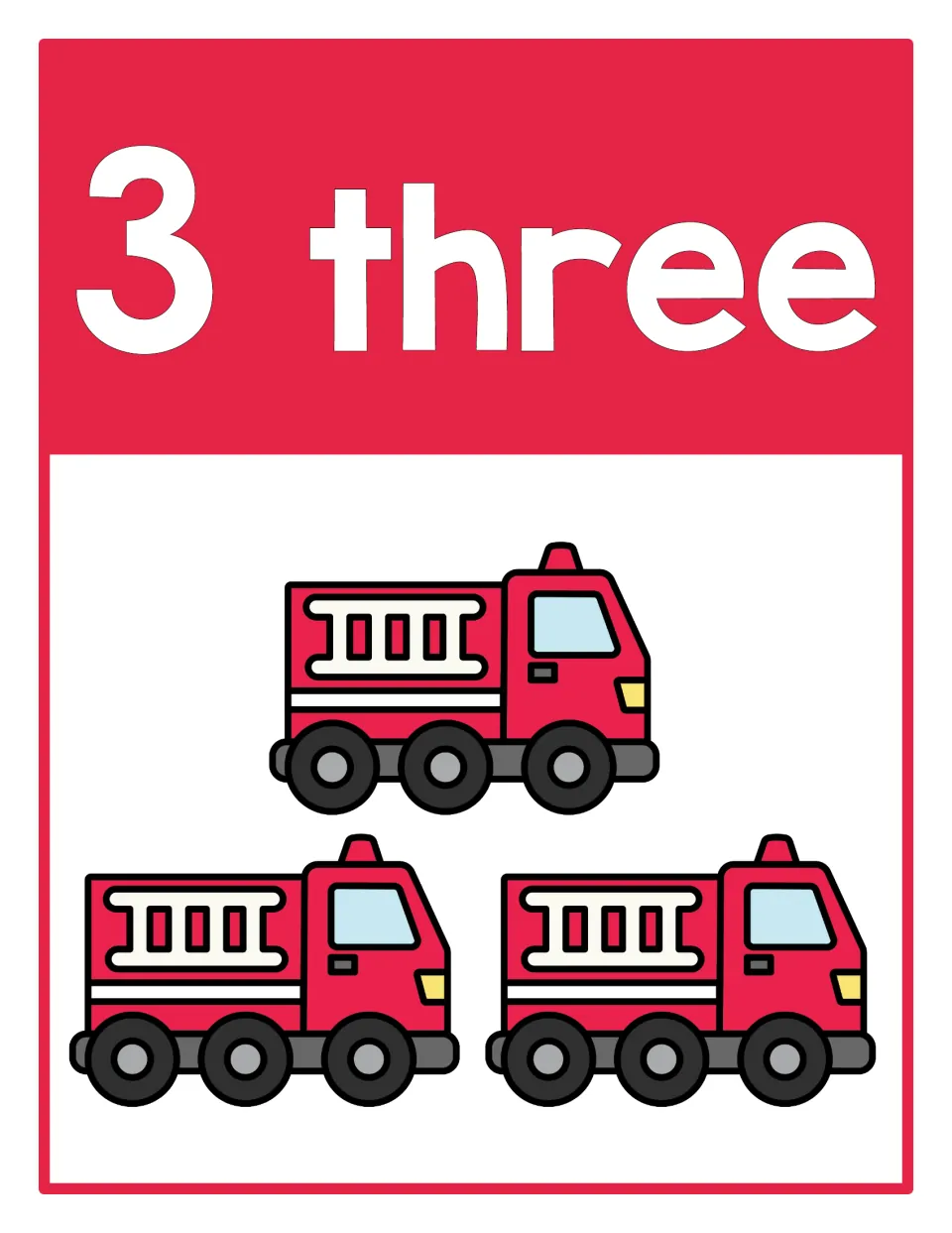 Counting poster 3 of 10: numeral 3, number word 'three,' and three firetrucks representing the quantity.