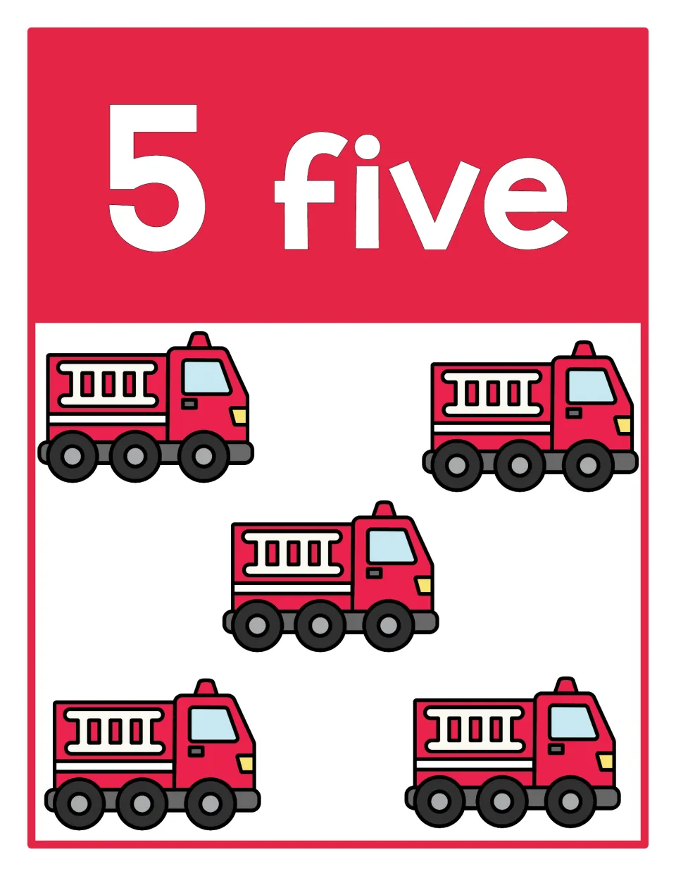 Counting poster 5 of 10: numeral 5, number word 'five,' and five firetrucks representing the quantity.