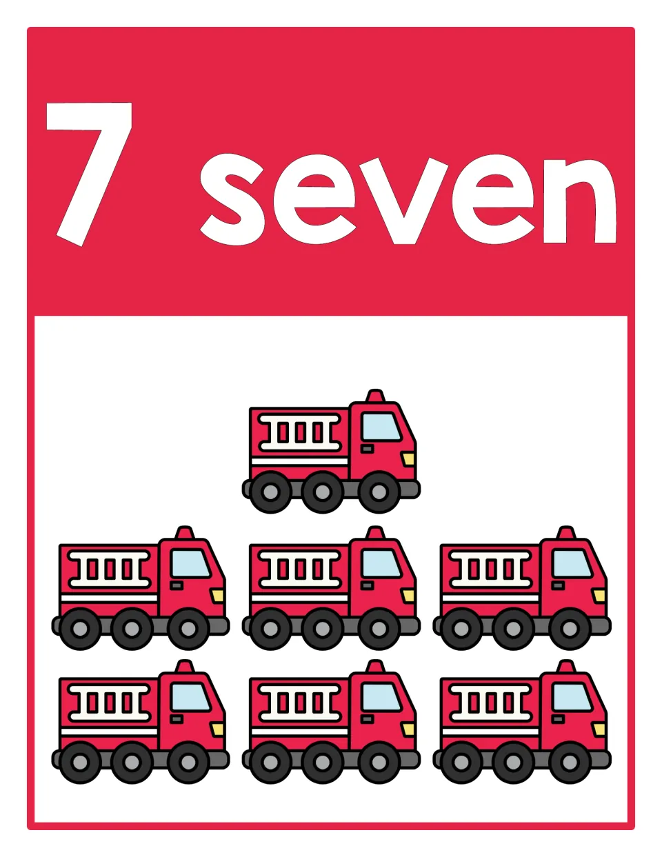 Counting poster 7 of 10: numeral 7, number word 'seven,' and seven firetrucks representing the quantity.