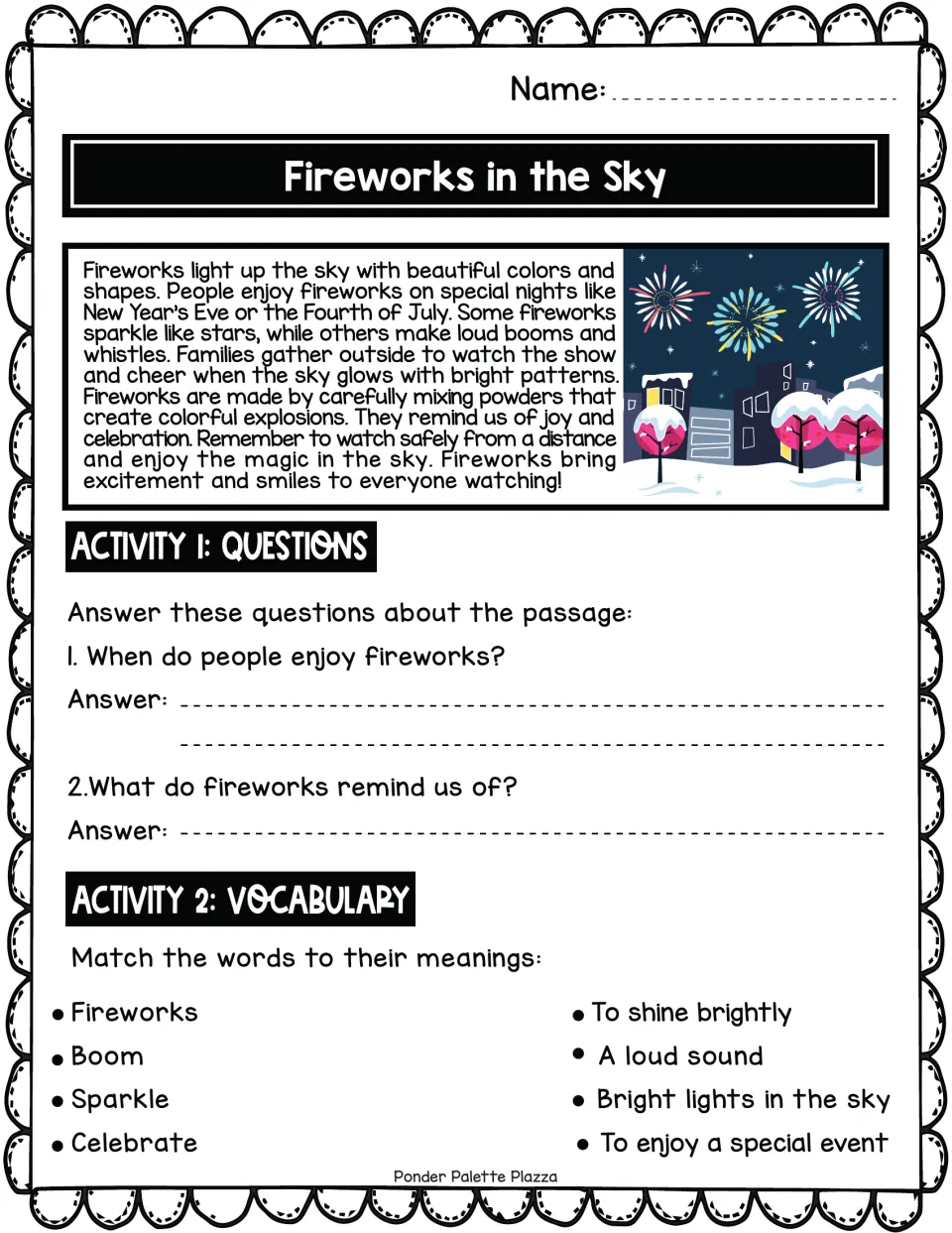 Fireworks reading passage, two comprehension questions, and vocabulary: fireworks, boom, sparkle, celebrate.