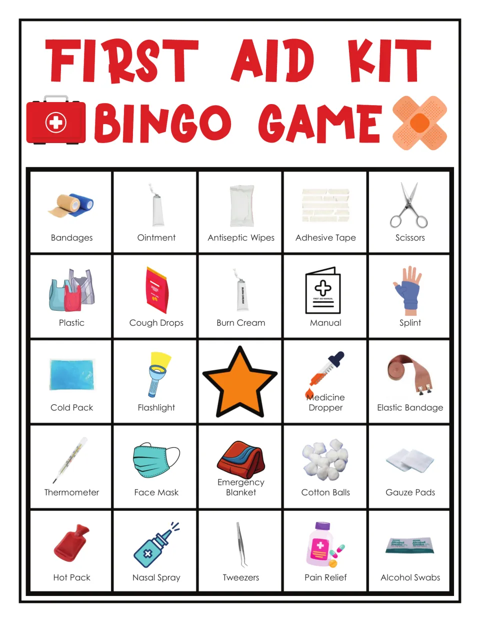 First aid bingo card 1: bandages, ointment, antiseptic wipes, adhesive tape, scissors and 19 more labeled items