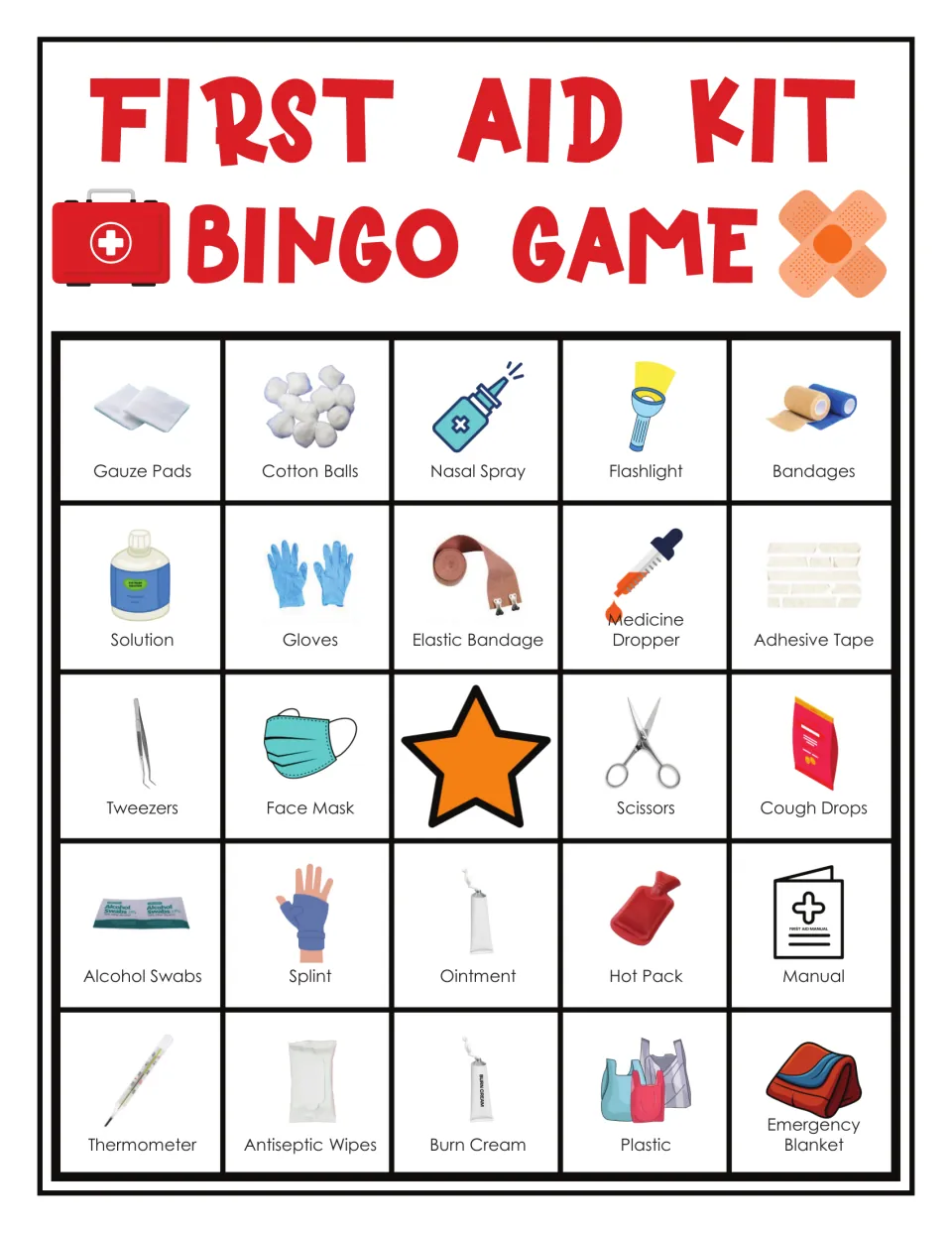 First aid bingo card 2: gauze pads, cotton balls, nasal spray, flashlight, bandages and 19 more labeled items