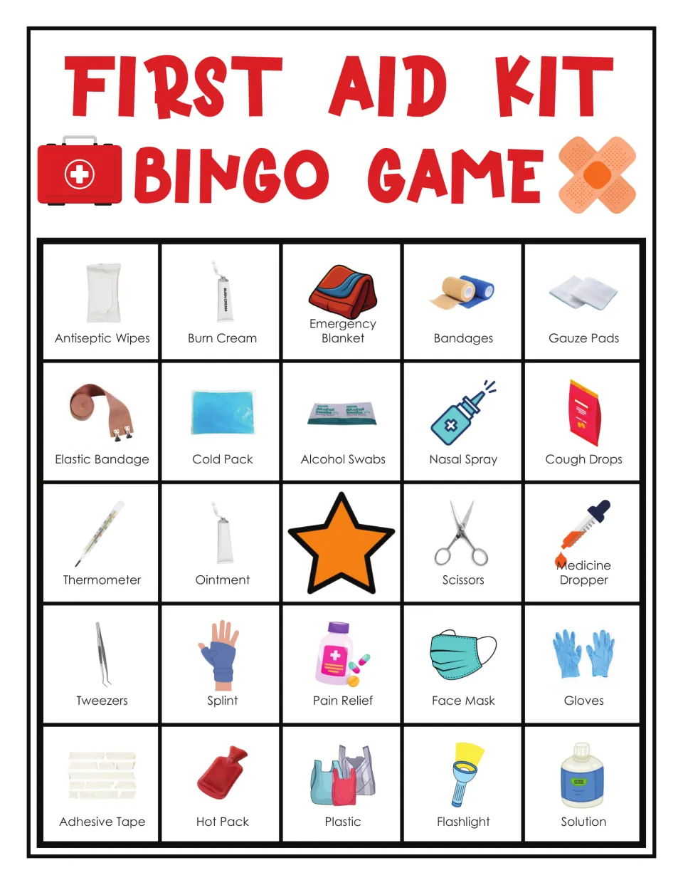 First aid bingo card 3: antiseptic wipes, burn cream, emergency blanket and 21 more illustrated items