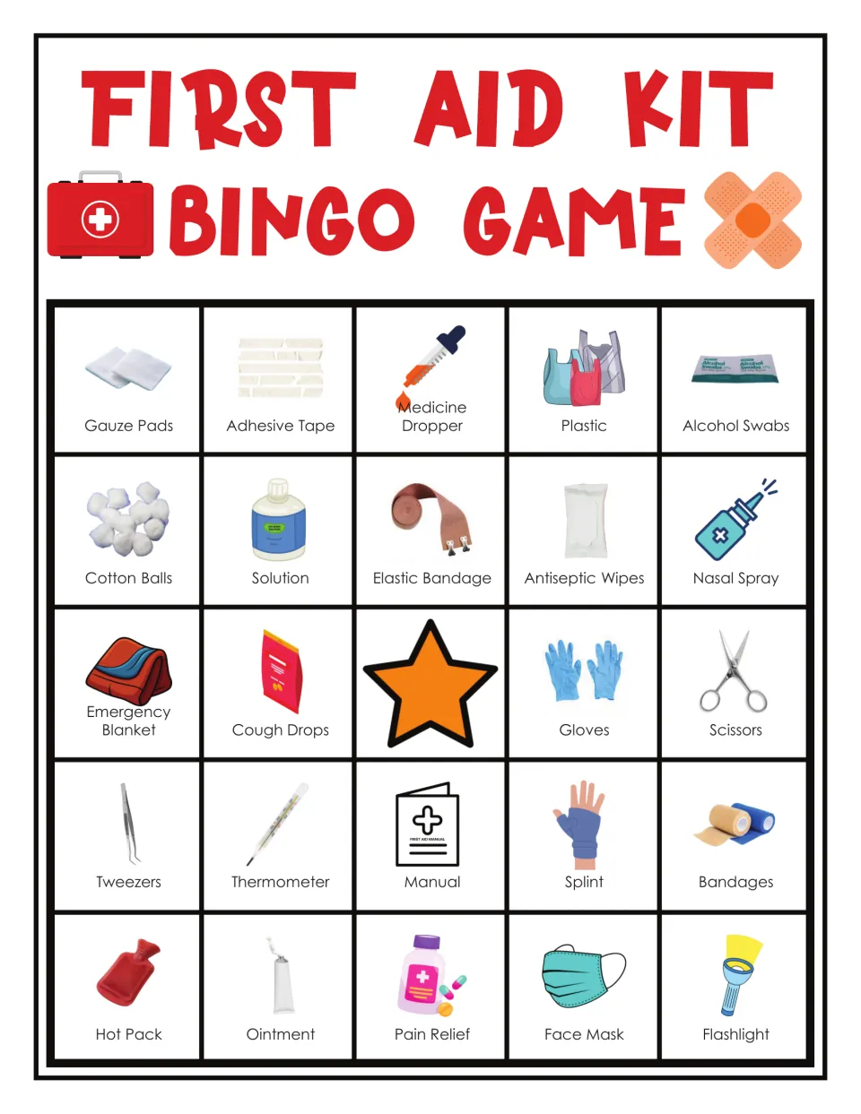 First aid bingo card 4: gauze pads, adhesive tape, medicine dropper, plastic and 20 more labeled items